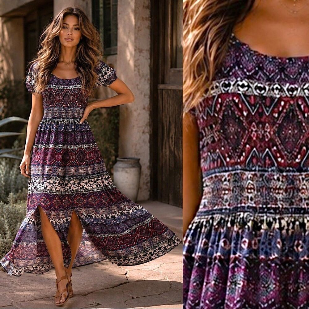 Soft Surroundings XS Boho Maxi Dress Smocked Split Hem Festival Cottagecore